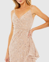 Beige Sequined Faux Wrap Ruffled Asymmetrical Hem Dress